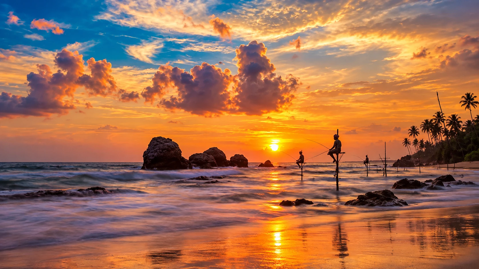 Stilt fishermen at sunset, Koggala coast